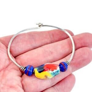 Vintage Artisan Sterling Silver 925 Multicolor Glass Bead Bangle Bracelet 6.5"